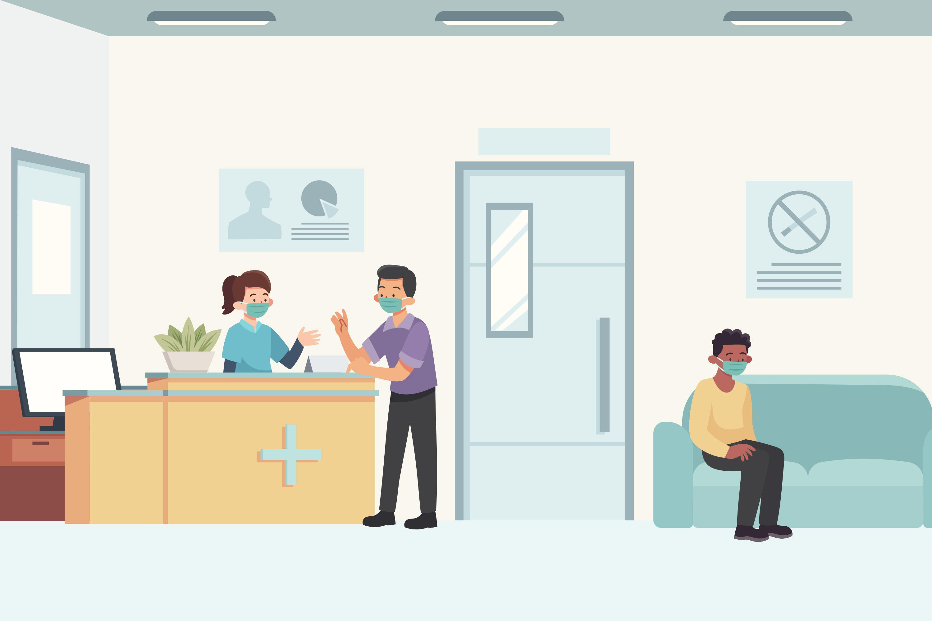 patients waiting outside the reception in a medical walkin clinic