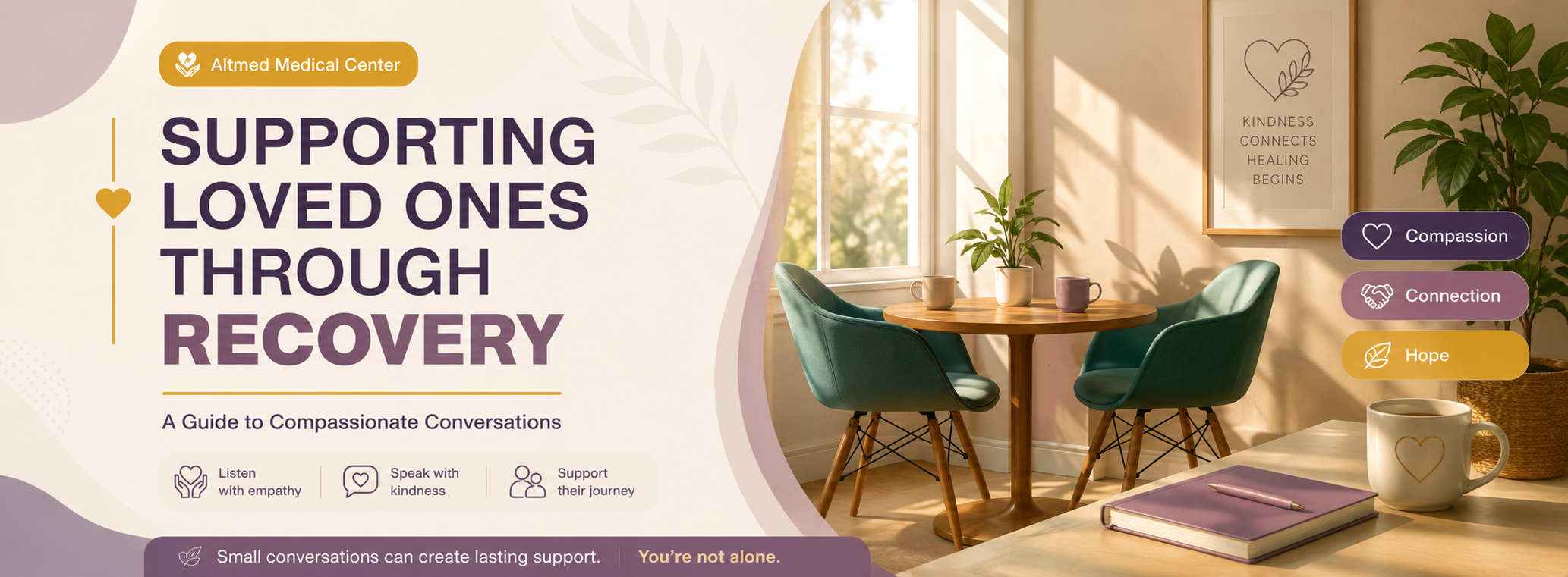 Illustration of two chairs and two coffee mugs at a kitchen table in morning light, representing a supportive conversation about opioid recovery.