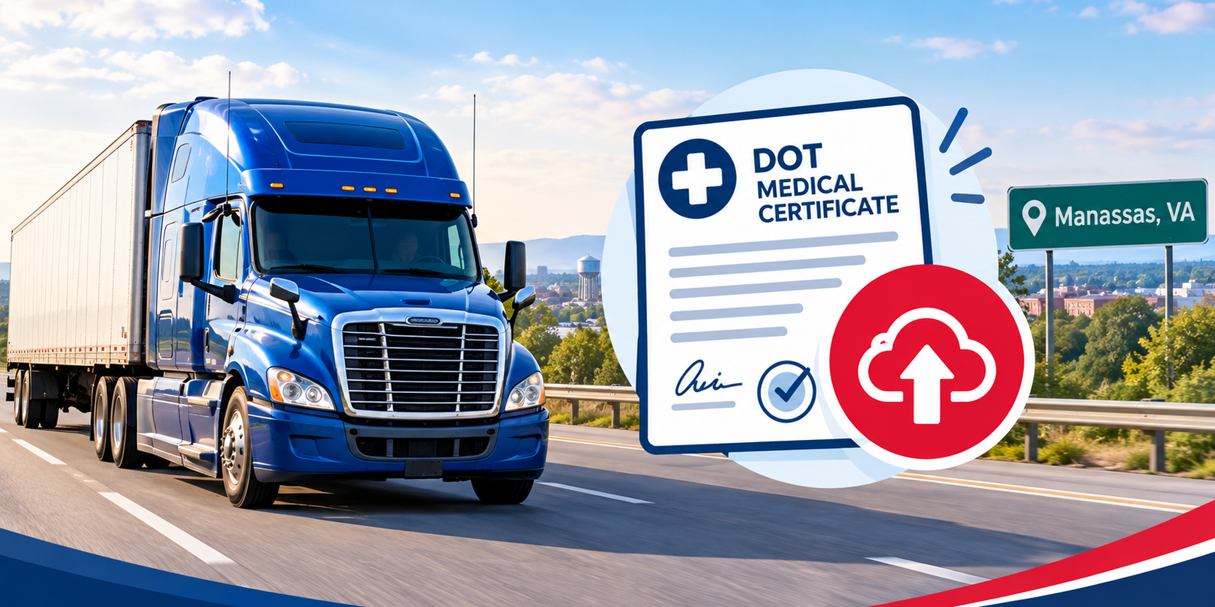 Illustration of a semi-truck on a highway beside a medical certificate icon with an upload arrow, for a blog on DOT physicals in Manassas, VA